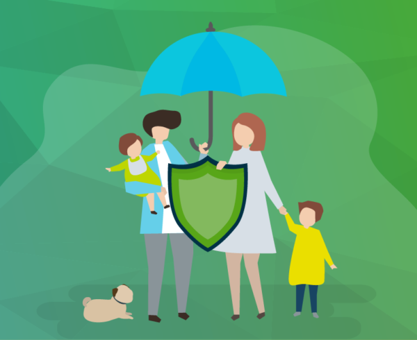 A family with an umbrella symbolizing self insurance